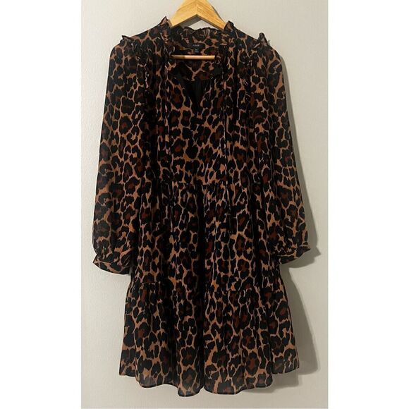 J Crew Women’s Size XS Tie Neck Tiered Dress Brown Leopard Print Long Sleeve - Picture 8 of 14